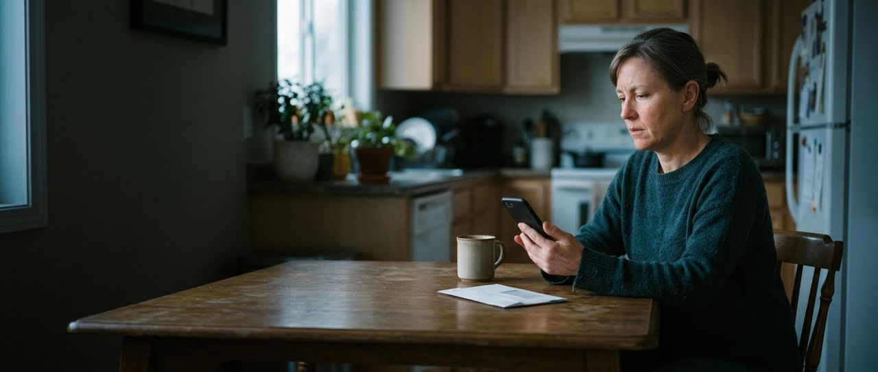 A woman sits at a wooden kitchen table in low window light, reading her phone with a mug and an opened letter beside her.